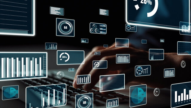 This image showcases a hand interacting with a computer keyboard, surrounded by floating digital metrics and graphs, representing modern data analysis and visualization techniques. Xenic