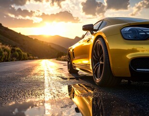 Dramatic scene featuring a sleek golden sports car on a wet road during sunset. The composition highlights luxury, speed, and modern design with cinematic lighting and a high-end automotive aesthetic