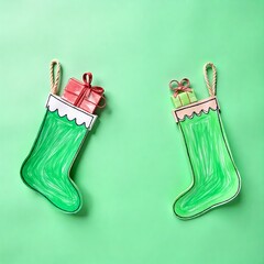 hanging green christmas stockings filled with gifts, copyspace, green background