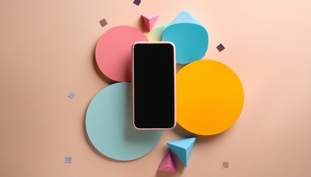 vibrant minimalist composition with floating smartphone surrounded by colorful geometric shapes and soft pastel background for creative projects