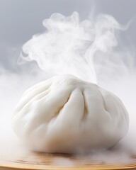 Steaming hot bao bun with wisps of smoke rising