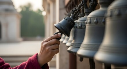 A person's hand gently rings a traditional temple bell, creating a serene sound in a sacred space, symbolizing peace and spiritual reflection in a cultural setting