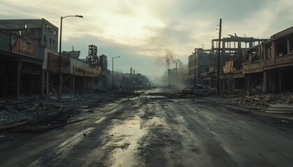 Obraz premium The image shows a street lined with destroyed buildings, debris scattered across the road, and a damaged car.