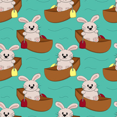 Seamless pattern with Rabbit on boat