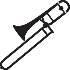 A simple black silhouette of a trombone musical instrument isolated on white background