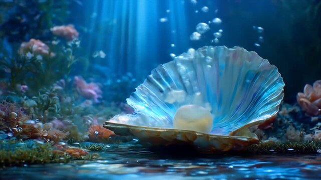 Open seashell with a pearl underneath blue water and sun rays