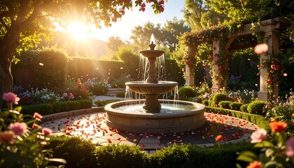 Elegant Garden Fountain with Lush Greenery and Sunlit Atmosphere