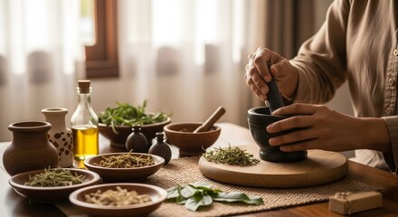 Skilled hands meticulously grinding fresh herbs with a mortar and pestle, surrounded by a rich assortment of natural ingredients for traditional healing and holistic wellness preparation