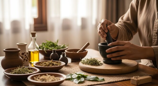 Skilled hands meticulously grinding fresh herbs with a mortar and pestle, surrounded by a rich assortment of natural ingredients for traditional healing and holistic wellness preparation - Powered by Adobe