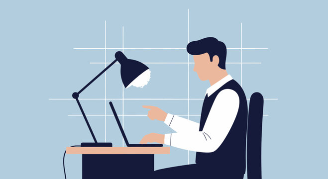 Man working on laptop at a desk with a lamp modern flat vector illustration