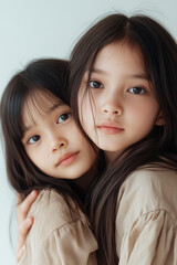 Studio portrait of 9-year-old Thai twin girls standing together on white background. Teen sisters, family, childhood concept.