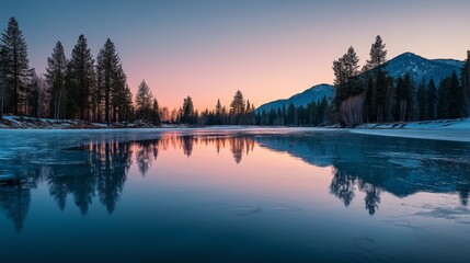 Frozen lake reflects pine trees and distant mountain scenery. AI generated.