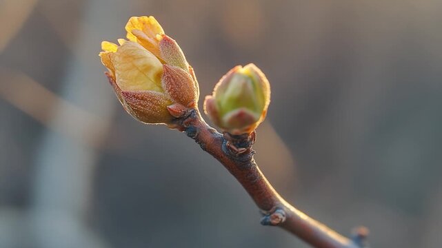 A close-up shot of a tree branch featuring a small flower in the process of blooming