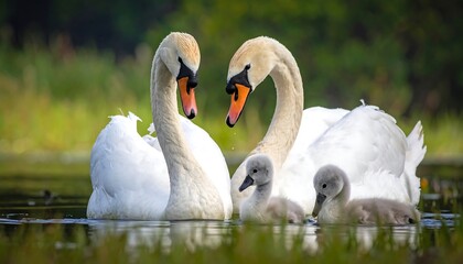 Obraz premium A pair of swans with their cygnets gracefully glide on the tranquil water's surface, showcasing a tender family bond amidst lush greenery.