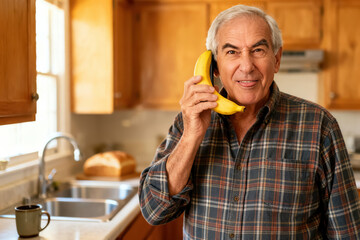 Smiling senior man jokingly holding banana like a phone in cozy kitchen with playful expression and warm lighting