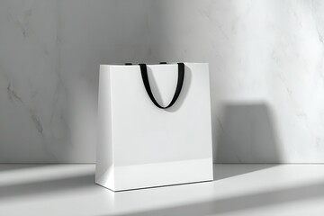 Stunning clean white luxury shopping bag with elegant black ribbon handle elegantly displayed on a minimalist surface, perfect for premium branding and retail