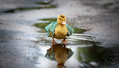 duckling in a patterned raincoat puddle reflection eyelevel rainy day chic joyful and cute dynamic shot