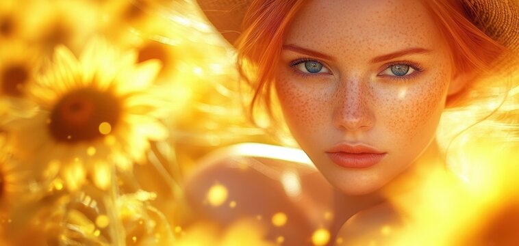 Girl with red hair stands in a field of yellow sunflowers at sunset during summer