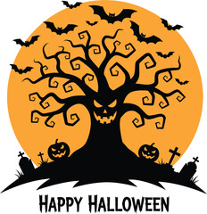 Spooky halloween night with full moon haunted tree bats pumpkins and tombstones
