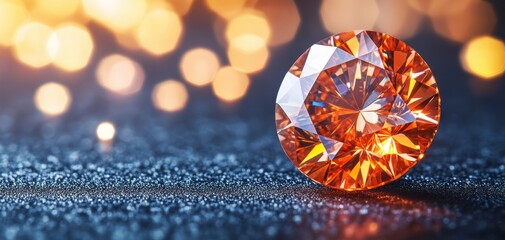 Orange diamond rests on a textured dark surface with blurred lights behind it