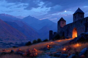 Majestic mountain scene at dusk with pumpkins near an ancient castle illuminated by soft lights