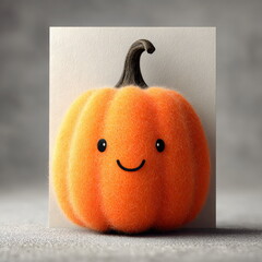 Cute felt pumpkin with a smile standing on a neutral background, perfect for autumn decorations and crafts