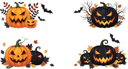 Spooky halloween pumpkins and bats illustration for festive autumn season decorations