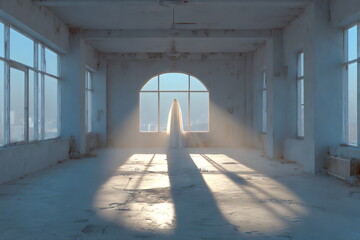 Ghost silhouette in a sunlit, abandoned industrial space with soft shadows at dusk