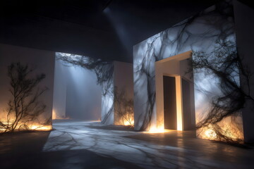 Mysterious indoor space with shadows and light creating an eerie atmosphere and intricate designs