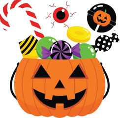 Spooky halloween pumpkin bucket overflowing with colorful candy and treats for trick or treat