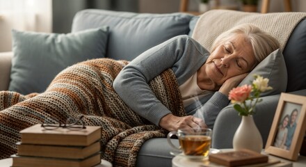 Obraz premium Elderly Woman Sleeping Comfortably on Couch with Tea and Books, Cozy Living Room Background for Care for Elderly with Disabilities Awareness, Blogs, and Websites