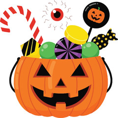 Spooky halloween pumpkin bucket overflowing with colorful candies and treats for trick or treat