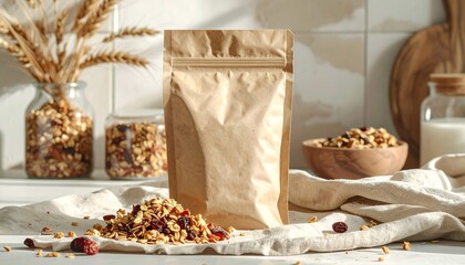A paper package of granola sits on a table, surrounded by scattered granola pieces and other kitchen elements.