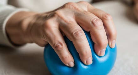 Elderly Rehabilitation Hand Exercise with Blue Therapy Ball for Health Blogs, Wellness Websites, Occupational Therapy Content, and Physical Rehabilitation Resources