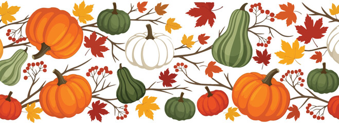 Festive autumn pumpkins and colorful leaves seamless border for thanksgiving designs