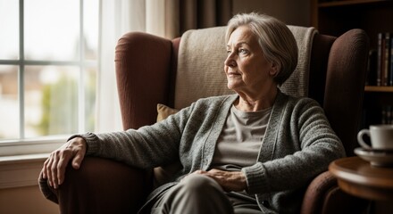 Elderly Woman Reflecting on Mental Health at Home, Cozy Sitting Area for Wellness Blogs, Senior Care Websites, Emotional Awareness Articles, and Mental Health Awareness Content