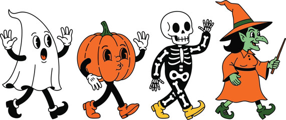Retro halloween cartoon characters walking together ghost pumpkin skeleton and witch