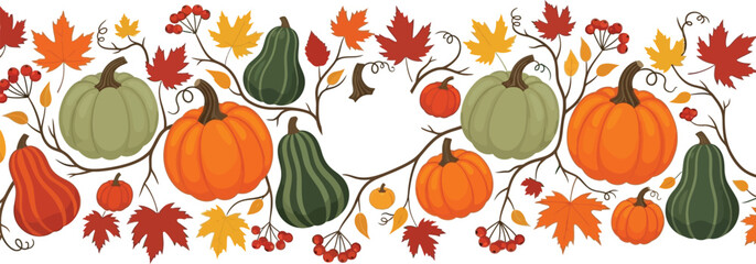 Festive autumn pumpkins and fall leaves seamless border for thanksgiving celebrations