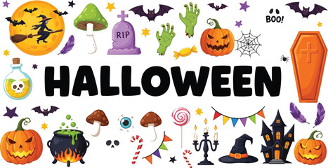 Spooky halloween cartoon elements for party invitations and festive decorations design