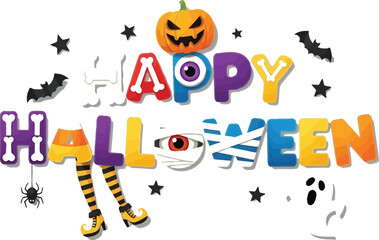 Colorful happy halloween greeting with pumpkin ghost mummy witch legs and spooky elements
