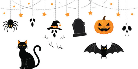 Spooky halloween decorations featuring ghosts pumpkin cat bat and spider on white