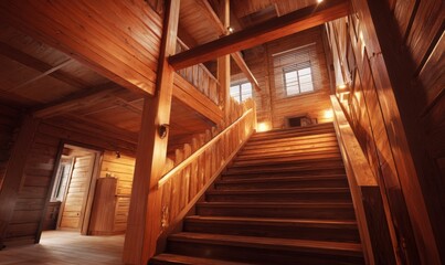 Wooden Staircase Interior with Natural Light and Warm Tones.