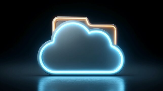 Modern cloud data storage with vibrant neon glow for secure digital access and streamlined workflow efficiency, perfect for tech startups and innovative business solutions