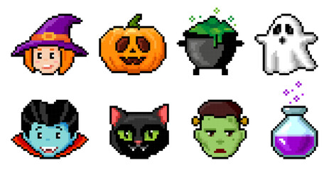 Pixel art Halloween icons. Pixelated illustration of Count Dracula, witch, ghost, pumpkin, cat, potion. Retro 8 bit pixel art for game