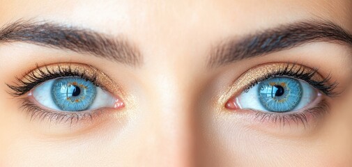 Obraz premium Close-up captures a woman's stunning, symmetrical face, showcasing her bright blue eyes and perfectly shaped eyebrows and eyelashes