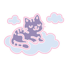 Cute kitten resting on a fluffy cloud in a soft pastel sky. Hand-drawn pastel doodle illustration, perfect for posters, cards, stickers, kids products, and digital design.
