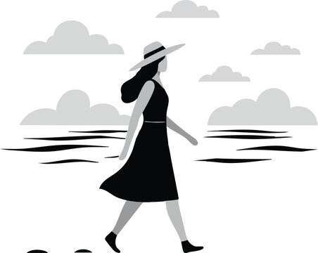 Woman walking on beach wearing hat and dress with clouds in black and white vector design