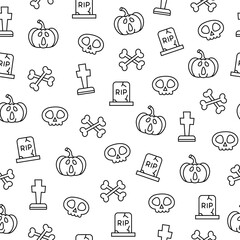 Vector seamless pattern with Halloween elements in line art style including pumpkins with scary faces, skulls, tombstones, crossed bones isolated on white backround. 