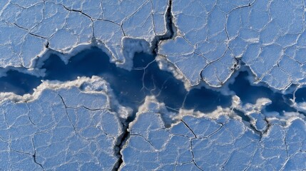 Frozen lake surface shows winter natural cracks and ice shadows. AI generated.