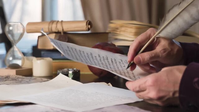 Medieval Literature. Medieval writer rereads text on a sheet of old paper and appends with a pen at the bottom a few lines
